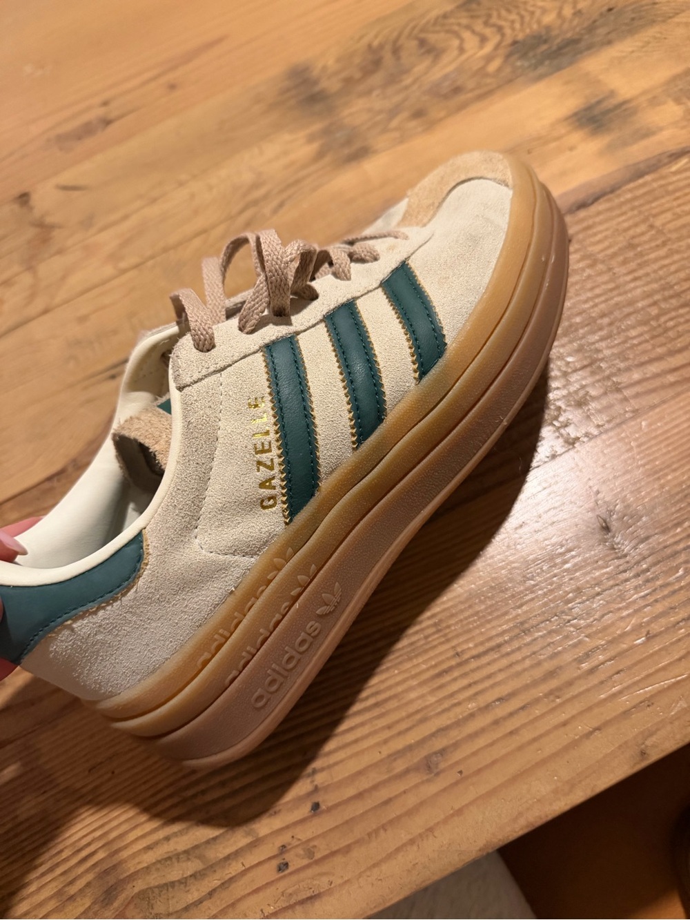 adidas Kids Gazelle Suede Sneakers in Beige with Green Stripes